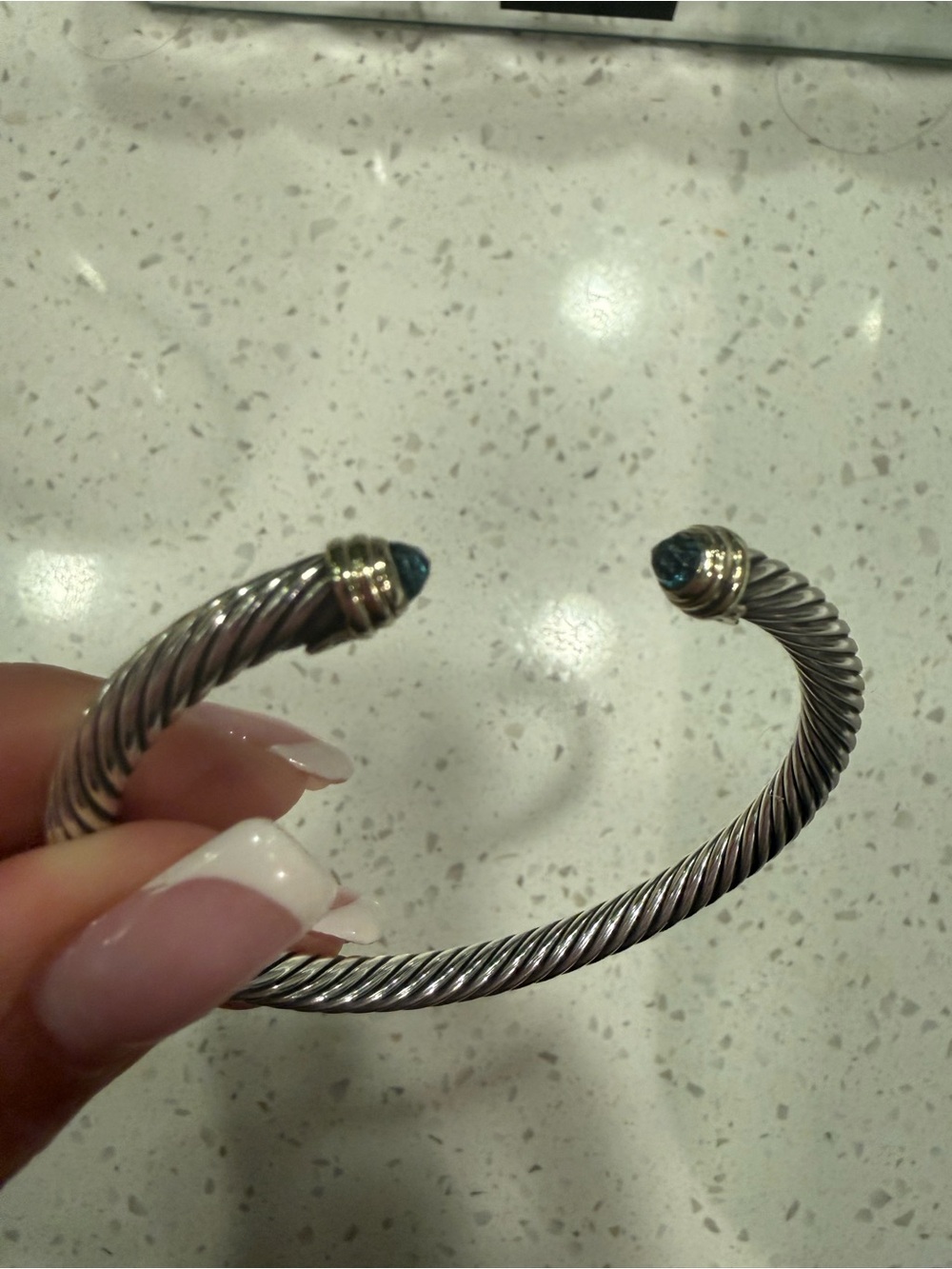 David Yurman Two-Tone Cable Cuff Bracelet with Blue Gem Tips - Picture 3 of 4